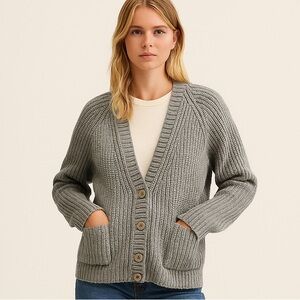 Zara Gray fisherman Chunky Knit cardigan boxy wool‎ Sweater oversized medium